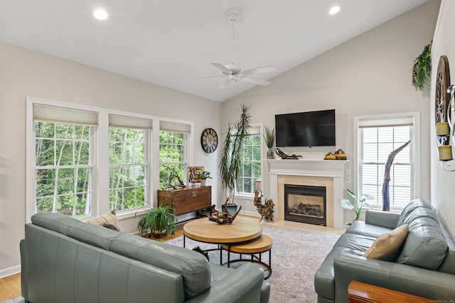 403 Mulligan Dr Unit 403, Oxford, CT 06478 - living room featuring a ceiling fan, wood finished floors, healthy amount of natural light, a fireplace with flush hearth, and recessed lighting