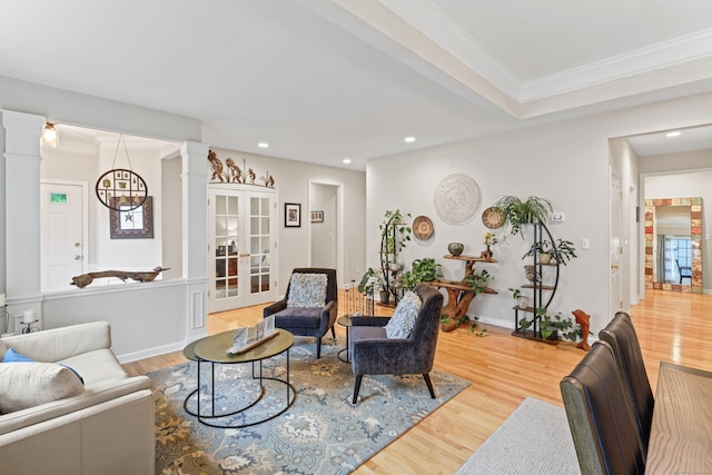 403 Mulligan Dr Unit 403, Oxford, CT 06478 - living room with decorative columns, wood finished floors, ornamental molding, and recessed lighting