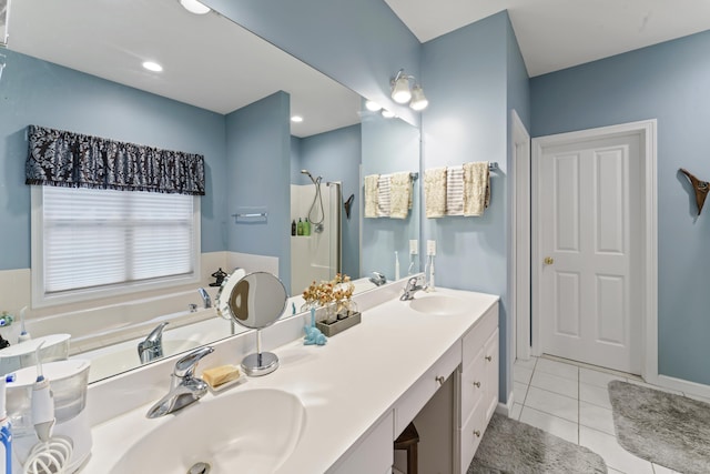 403 Mulligan Dr Unit 403, Oxford, CT 06478 - bathroom featuring tile patterned flooring, double vanity, a garden tub, and a shower