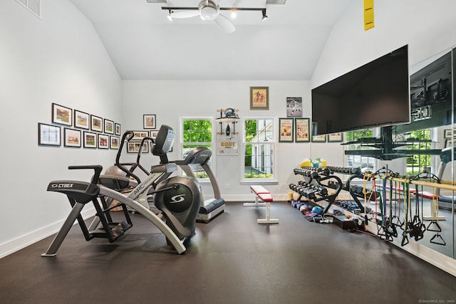 276 Greenley Rd, New Canaan, CT 06840 - workout room featuring baseboards, ceiling fan, and high vaulted ceiling