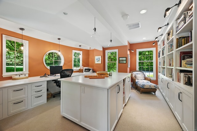 276 Greenley Rd, New Canaan, CT 06840 - home office featuring light colored carpet, recessed lighting, and vaulted ceiling