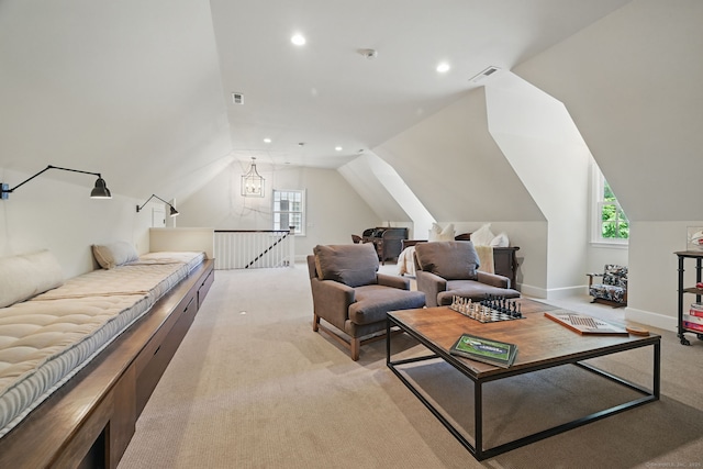 276 Greenley Rd, New Canaan, CT 06840 - bedroom with light colored carpet, vaulted ceiling, multiple windows, and recessed lighting