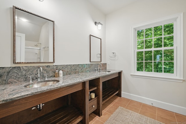 276 Greenley Rd, New Canaan, CT 06840 - full bathroom with tile patterned floors, double vanity, baseboards, backsplash, and a shower