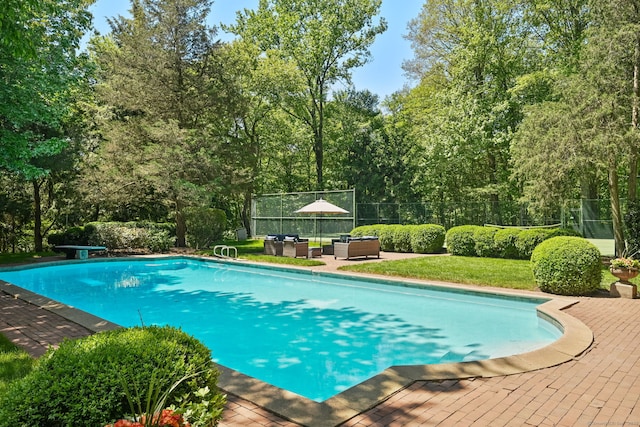 276 Greenley Rd, New Canaan, CT 06840 - outdoor pool with an outdoor hangout area, a patio, and view of scattered trees