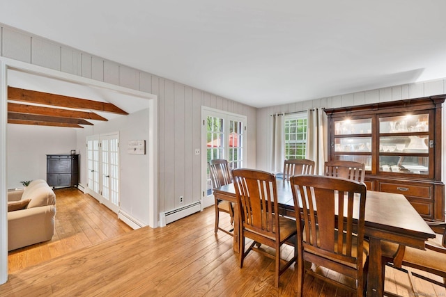 6 Cedar Cir, Newtown, CT 06470 - dining room with a baseboard radiator, light wood finished floors, and beamed ceiling