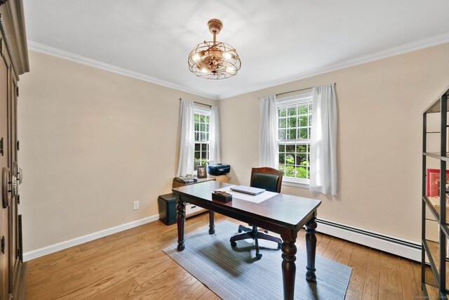 6 Cedar Cir, Newtown, CT 06470 - office featuring a baseboard radiator, crown molding, light wood-style flooring, baseboards, and a chandelier