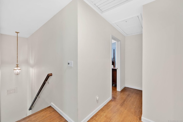 6 Cedar Cir, Newtown, CT 06470 - hallway with attic access, an upstairs landing, light wood finished floors, and baseboards