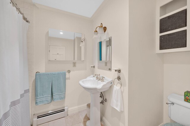 6 Cedar Cir, Newtown, CT 06470 - bathroom with a baseboard radiator, ornamental molding, toilet, curtained shower, and baseboards
