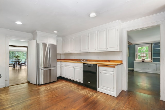 708 Ponus Rdg, New Canaan, CT 06840 - kitchen featuring black dishwasher, wood counters, white cabinetry, crown molding, and dark wood finished floors