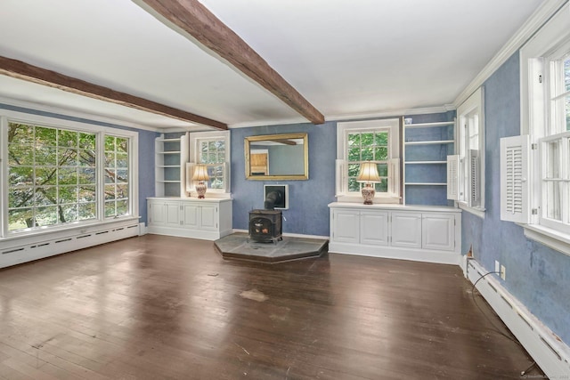 708 Ponus Rdg, New Canaan, CT 06840 - unfurnished living room with a baseboard radiator, a wood stove, wood finished floors, beam ceiling, and built in features