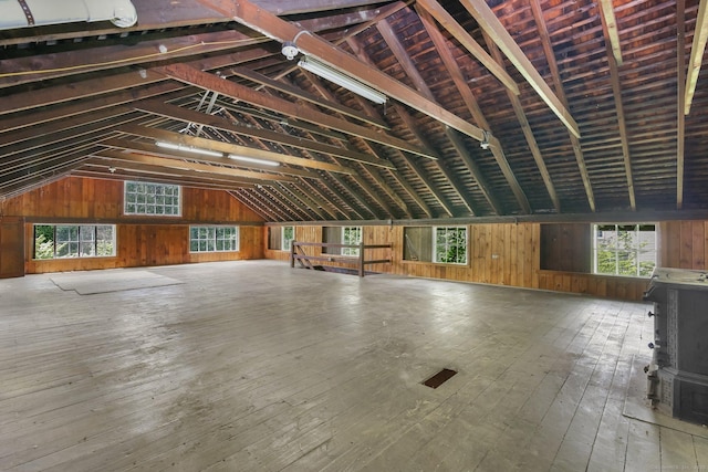 708 Ponus Rdg, New Canaan, CT 06840 - misc room featuring lofted ceiling, wooden walls, and hardwood / wood-style flooring