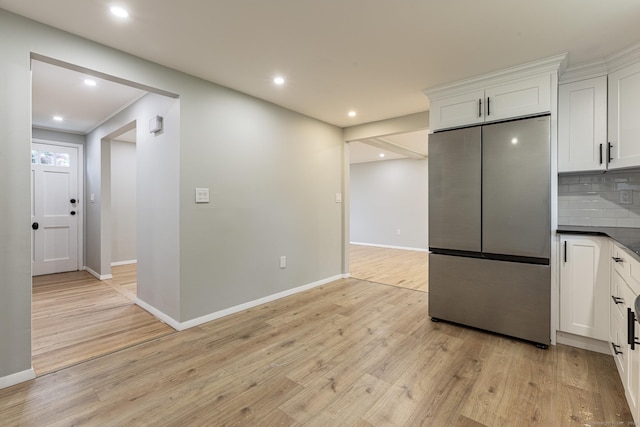 79 Arrowbrook Rd, Windsor, CT 06095 - kitchen featuring freestanding refrigerator, white cabinetry, light wood-style flooring, recessed lighting, and dark countertops
