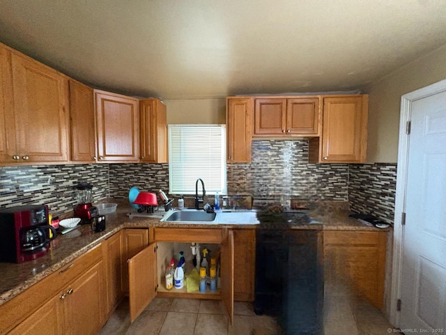 647 Fountain St, New Haven, CT 06515 - kitchen featuring a sink, backsplash, light tile patterned floors, and brown cabinetry