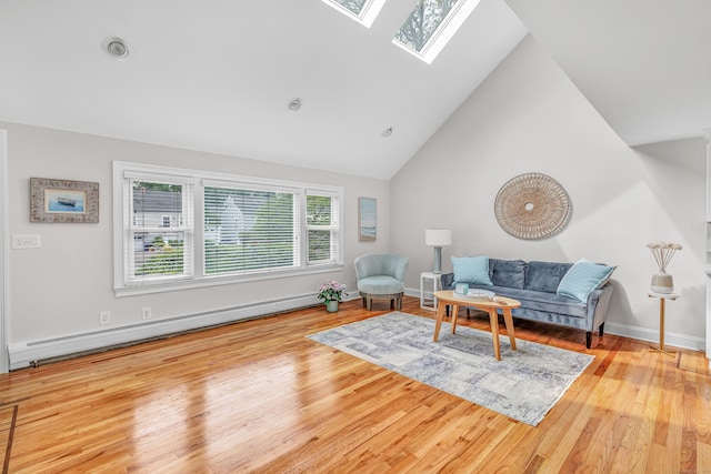 5 Wildmere Ln, Norwalk, CT 06851 - living room with baseboard heating, a skylight, wood finished floors, high vaulted ceiling, and baseboards