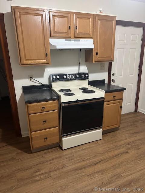40 Orchard St, Bristol, CT 06010 - kitchen featuring range with electric cooktop, under cabinet range hood, dark countertops, and wood finished floors