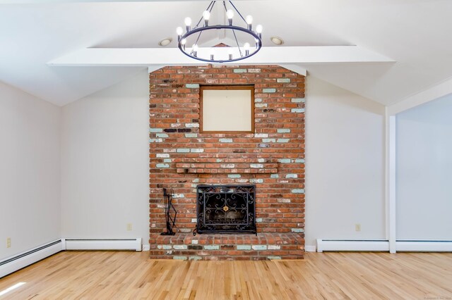 4 Leopard Dr, Newtown, CT 06482 - unfurnished living room featuring wood finished floors, lofted ceiling, a chandelier, a brick fireplace, and baseboard heating