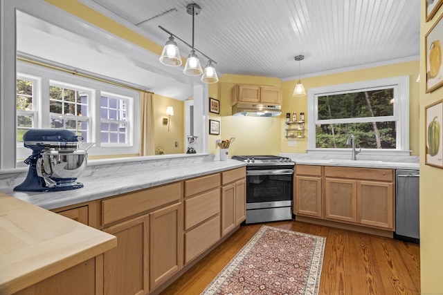 94 Glen Rd, Newtown, CT 06482 - kitchen with appliances with stainless steel finishes, a sink, under cabinet range hood, plenty of natural light, and ornamental molding