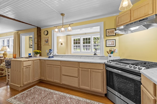 94 Glen Rd, Newtown, CT 06482 - kitchen featuring gas stove, under cabinet range hood, light brown cabinets, and light wood-style floors