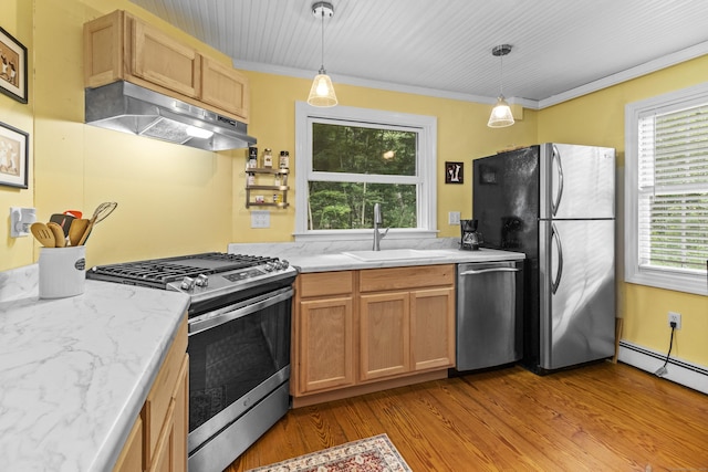 94 Glen Rd, Newtown, CT 06482 - kitchen with stainless steel appliances, a sink, under cabinet range hood, plenty of natural light, and ornamental molding