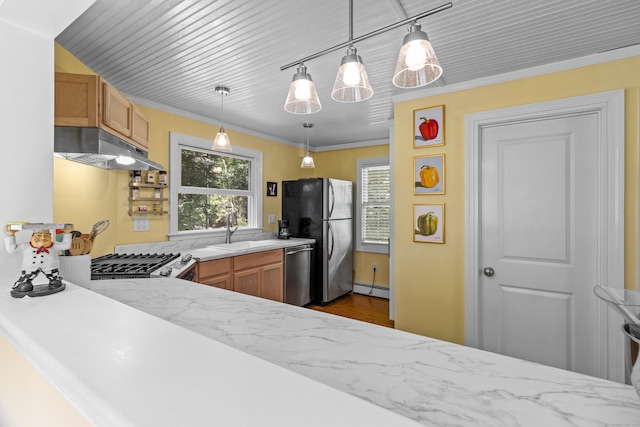 94 Glen Rd, Newtown, CT 06482 - kitchen featuring under cabinet range hood, appliances with stainless steel finishes, a sink, a baseboard radiator, and decorative light fixtures