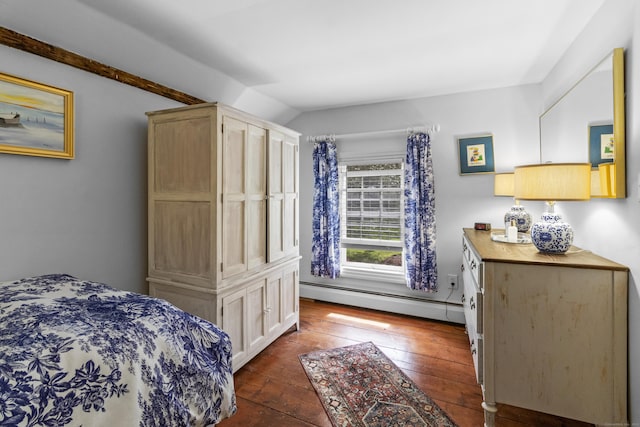 94 Glen Rd, Newtown, CT 06482 - bedroom featuring a baseboard radiator, dark wood-type flooring, and vaulted ceiling