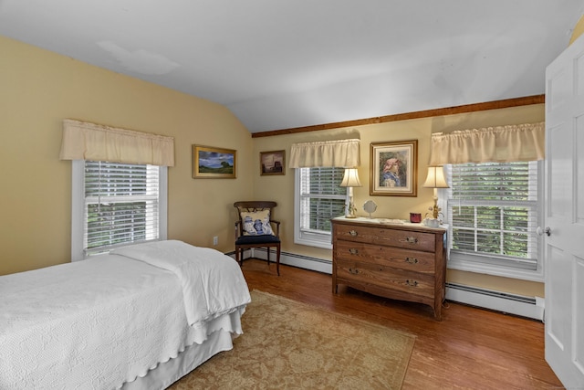 94 Glen Rd, Newtown, CT 06482 - bedroom featuring baseboard heating, lofted ceiling, wood finished floors, and multiple windows