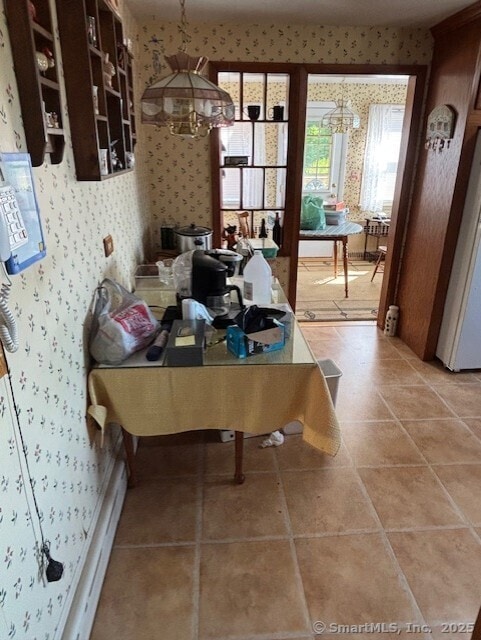 78 Pleasant View Rd, Thomaston, CT 06787 - living area featuring wallpapered walls, a chandelier, and light tile patterned floors