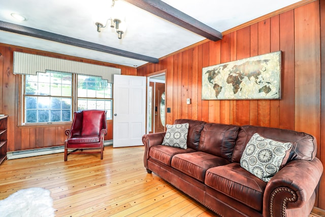 7 Broadview Rd, Brookfield, CT 06804 - living area featuring beamed ceiling, wooden walls, light wood-style floors, and a baseboard heating unit