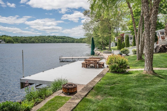 22 Lake Shore Dr, Middlefield, CT 06455 - dock area featuring an outdoor fire pit, a water view, and a yard