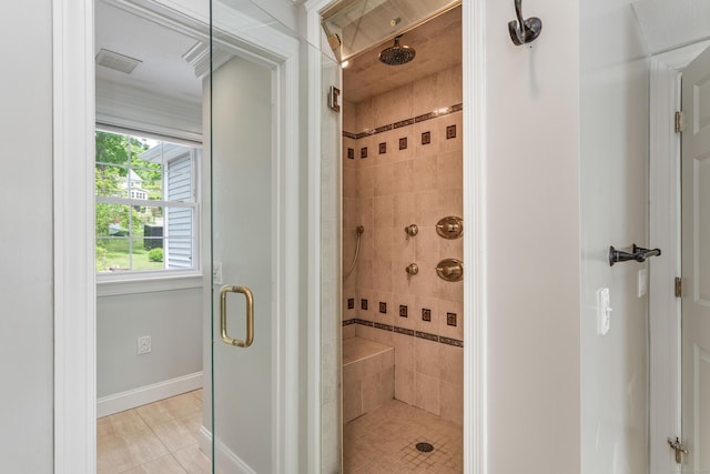 22 Lake Shore Dr, Middlefield, CT 06455 - bathroom featuring a shower stall, tile patterned flooring, and baseboards
