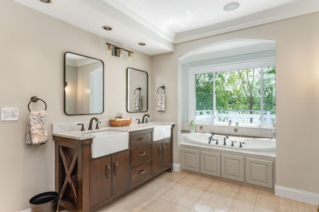22 Lake Shore Dr, Middlefield, CT 06455 - bathroom featuring double vanity, a garden tub, crown molding, tile patterned floors, and baseboards