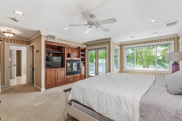 22 Lake Shore Dr, Middlefield, CT 06455 - bedroom featuring crown molding, light colored carpet, access to exterior, recessed lighting, and a ceiling fan