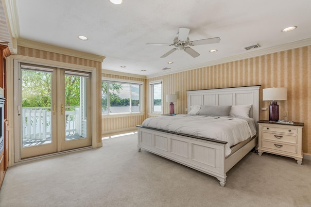 22 Lake Shore Dr, Middlefield, CT 06455 - bedroom with wallpapered walls, ornamental molding, light carpet, access to exterior, and recessed lighting