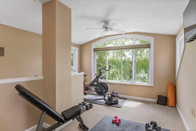 22 Lake Shore Dr, Middlefield, CT 06455 - exercise room with vaulted ceiling, baseboards, a ceiling fan, and carpet