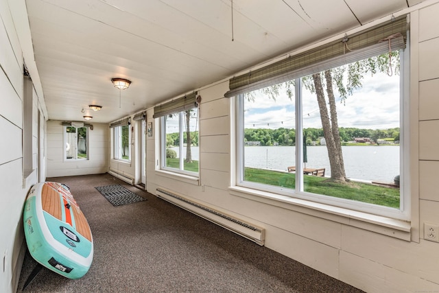 22 Lake Shore Dr, Middlefield, CT 06455 - unfurnished sunroom featuring baseboard heating, a water view, and a baseboard radiator