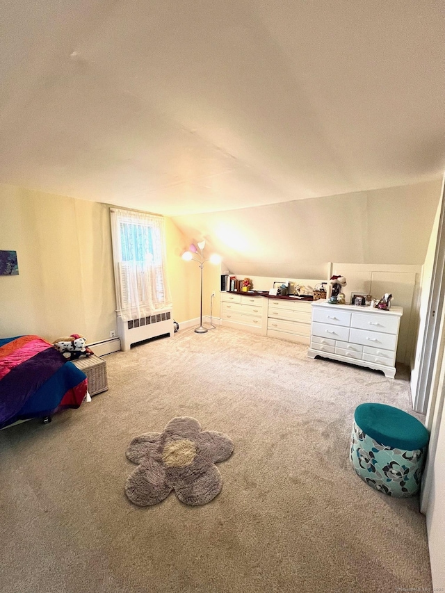 13 Oak St, Wolcott, CT 06716 - bedroom with carpet, radiator heating unit, lofted ceiling, and a baseboard heating unit