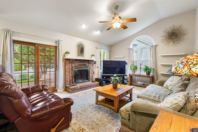 55 Oak Ridge Ln, Milford, CT 06461 - living room featuring a ceiling fan, lofted ceiling, and a fireplace
