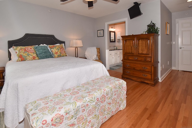 63 Hudson Ln Unit 63, Windsor, CT 06095 - bedroom with light wood-type flooring, ensuite bath, baseboards, and ceiling fan