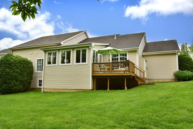 63 Hudson Ln Unit 63, Windsor, CT 06095 - rear view of house featuring a wooden deck, a lawn, and roof with shingles