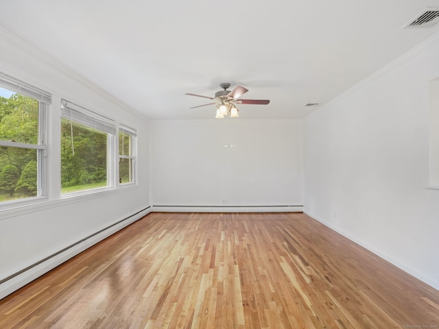 56 Great Neck Rd, Trumbull, CT 06611 - empty room featuring a baseboard heating unit, crown molding, a ceiling fan, wood finished floors, and baseboards