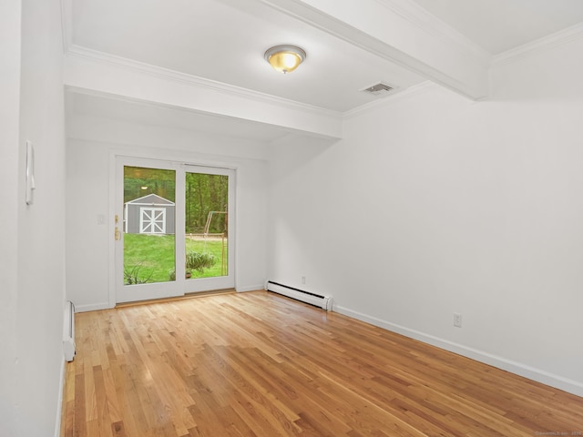 56 Great Neck Rd, Trumbull, CT 06611 - empty room featuring baseboard heating, light wood-style flooring, ornamental molding, baseboards, and a baseboard radiator