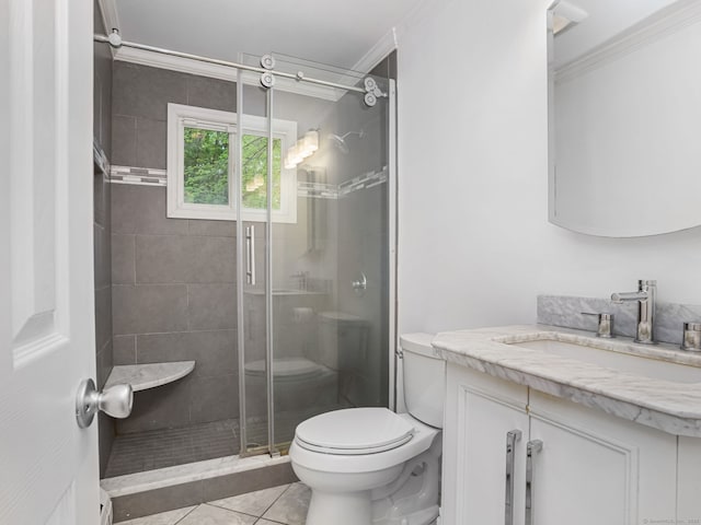56 Great Neck Rd, Trumbull, CT 06611 - full bath featuring crown molding, toilet, vanity, a stall shower, and tile patterned floors