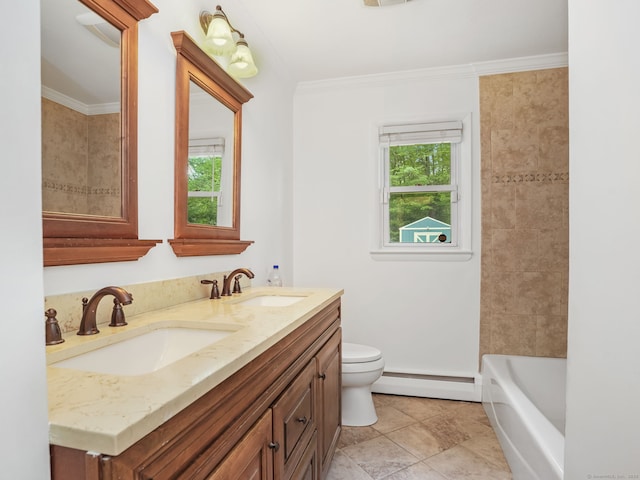 56 Great Neck Rd, Trumbull, CT 06611 - full bath featuring baseboard heating, double vanity, a bathtub, toilet, and ornamental molding