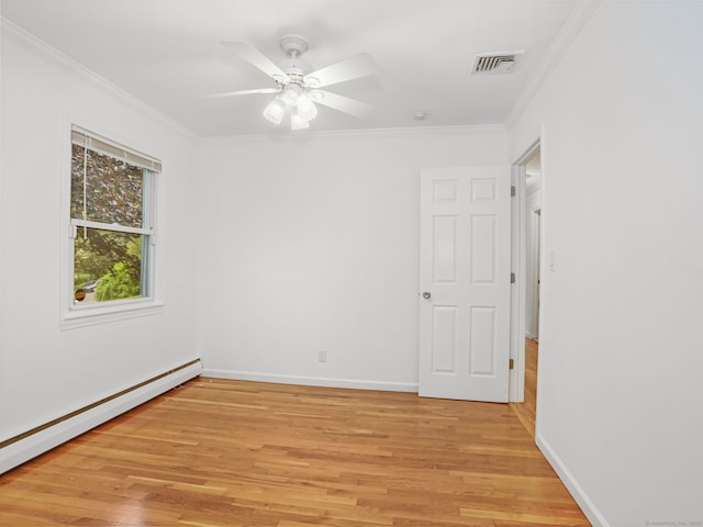 56 Great Neck Rd, Trumbull, CT 06611 - empty room featuring a baseboard radiator, light wood-style floors, crown molding, baseboards, and ceiling fan
