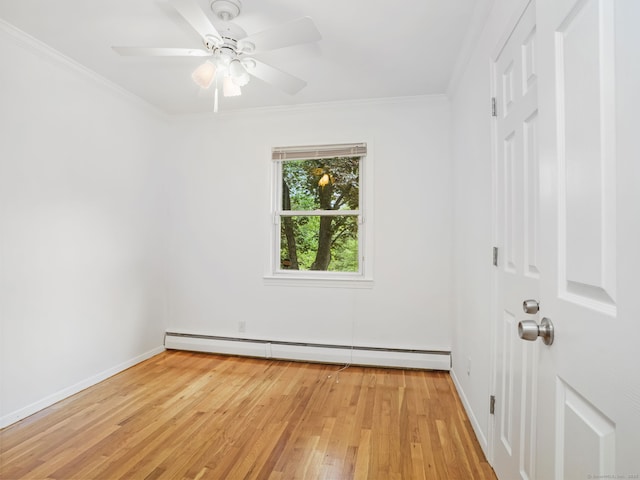 56 Great Neck Rd, Trumbull, CT 06611 - unfurnished bedroom with light wood-style floors, ornamental molding, baseboards, baseboard heating, and a ceiling fan