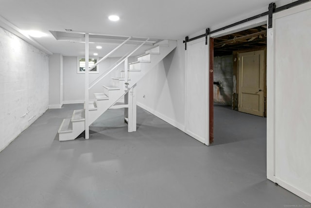 184 Merritt St, Bridgeport, CT 06606 - basement with a barn door, stairs, and recessed lighting