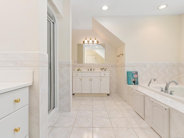 9 Autumn Leaves Rd, Wallingford, CT 06492 - full bath with tile walls, vanity, wainscoting, a bath, and a shower stall