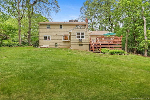 33 Raven Rd, Trumbull, CT 06611 - rear view of house with a deck, a chimney, a yard, and stairs