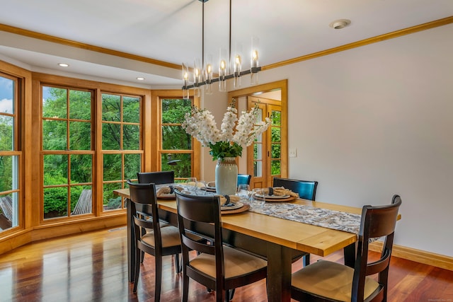 607 Tolland Stage Rd, Tolland, CT 06084 - dining room featuring ornamental molding, wood finished floors, baseboards, a chandelier, and recessed lighting