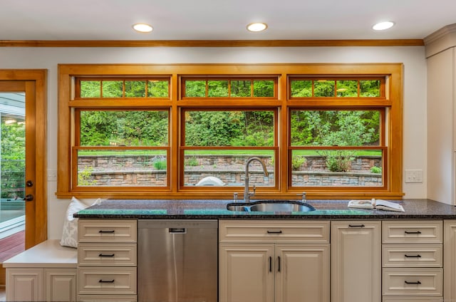 607 Tolland Stage Rd, Tolland, CT 06084 - kitchen featuring stainless steel dishwasher, a sink, dark stone counters, ornamental molding, and recessed lighting